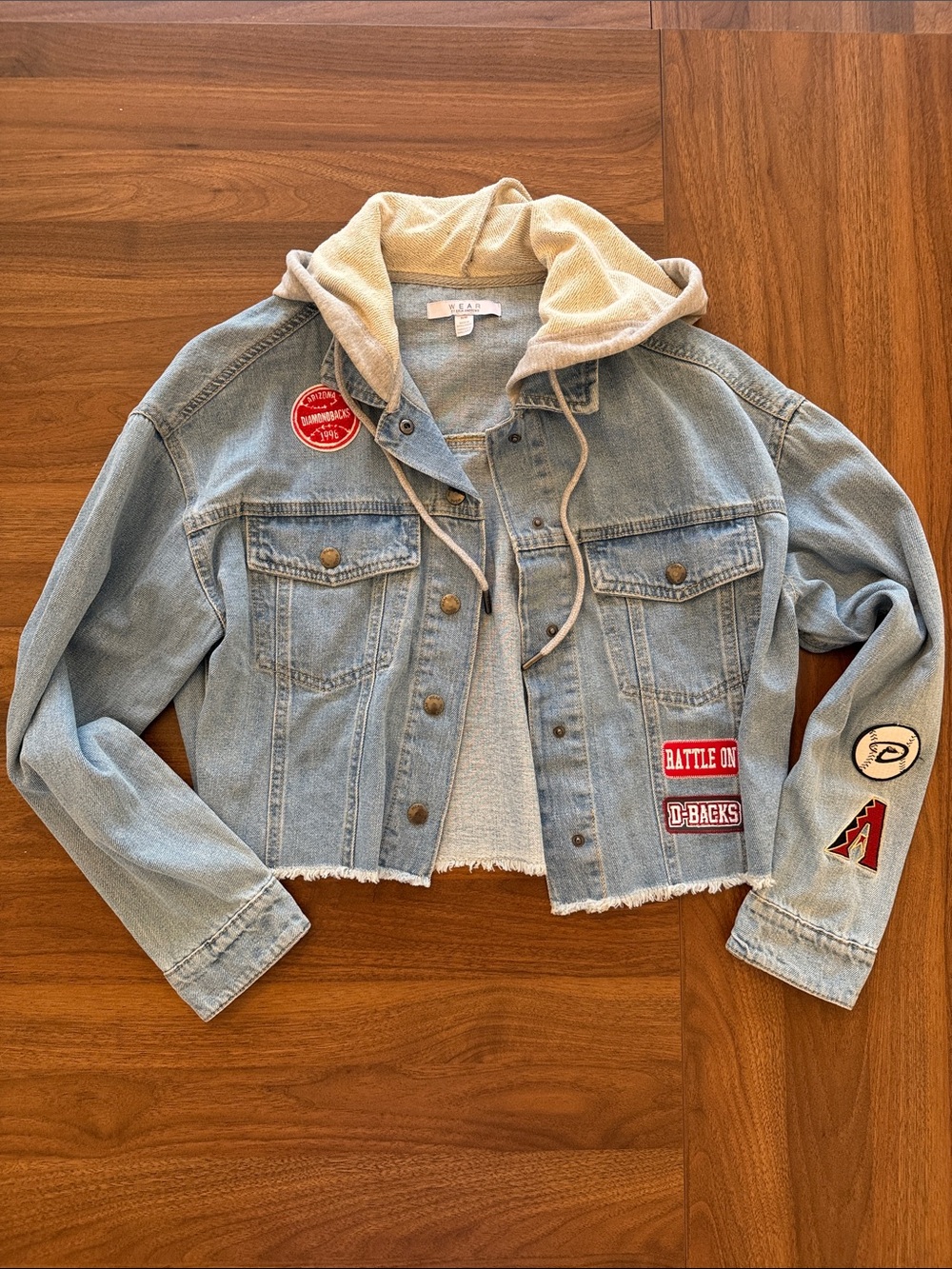 Light Blue Denim Hooded Varsity Jacket with Patches